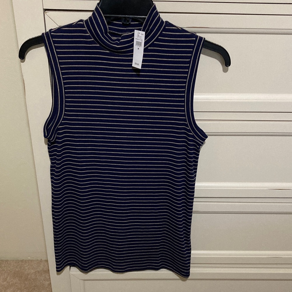 GAP Navy and Tan Striped Ribbed Sleeveless Mock Neck Top Size M